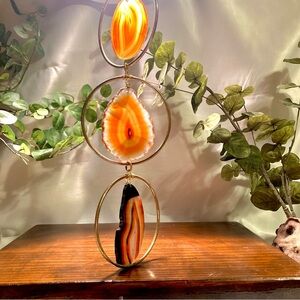 Handmade Orange & Brown Agate Wall Hanging with Gold Rings